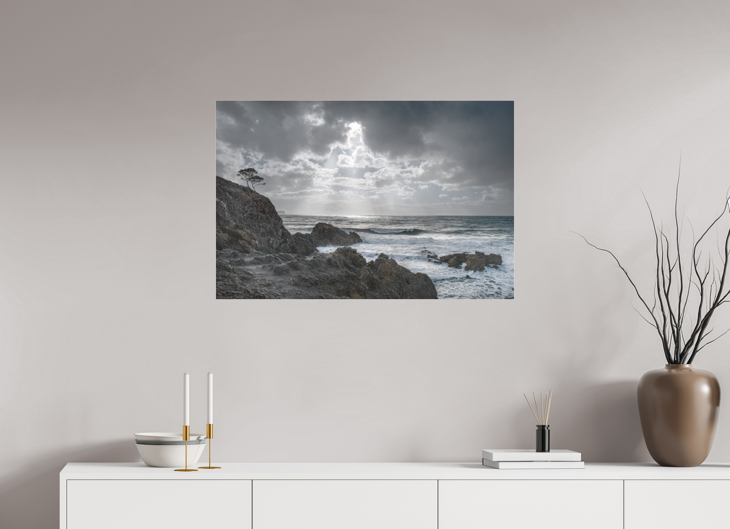 90 x 60 cm, Fine Art Pigmentdruck hinter Acrylglas (matt) Storm Coast 1 (Mallorca)