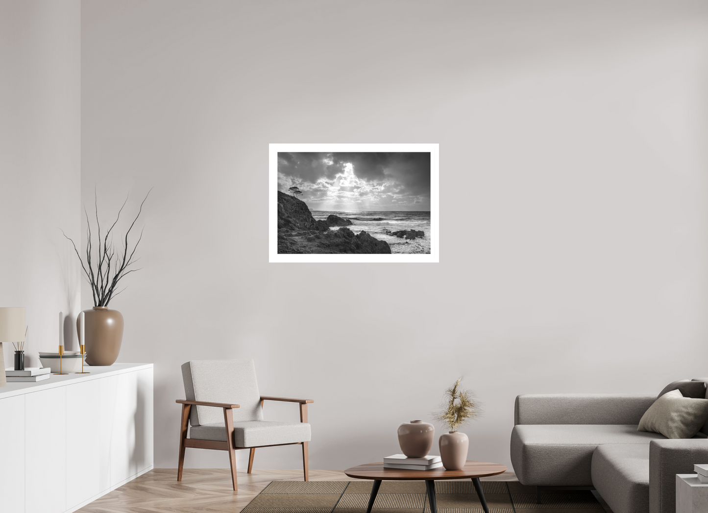 90 x 60 cm, 1. Ilford SW-Abzug hinter Acrylglas mit Weißrand Storm Coast 1 (s/w)