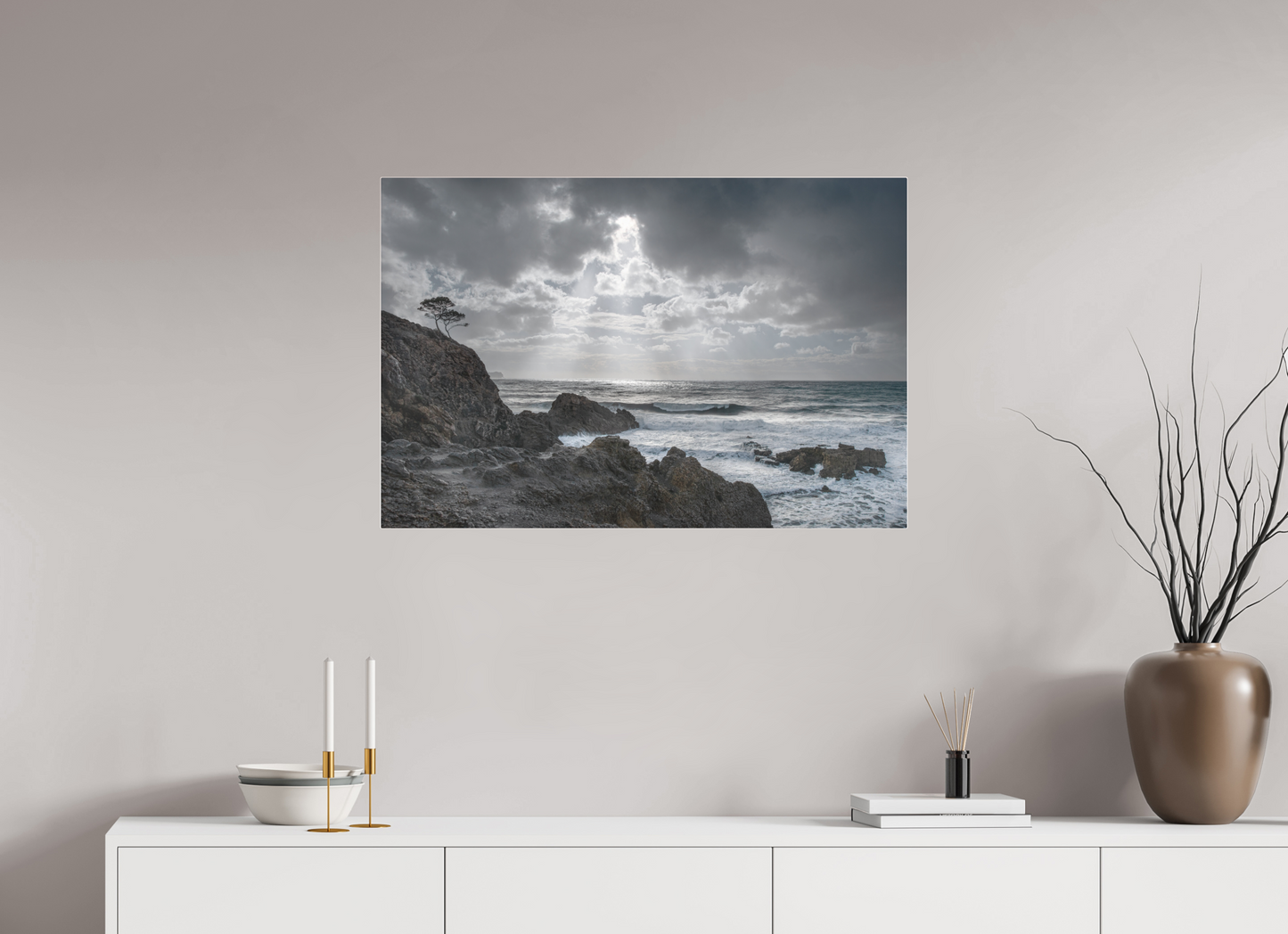 90 x 60 cm, Fine Art Pigmentdruck hinter Acrylglas (glänzend) Storm Coast 1 (Mallorca)