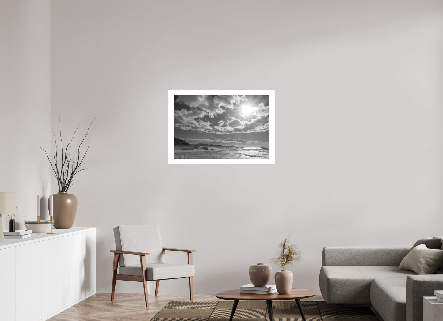 90 x 60 cm, 1. Ilford SW-Abzug hinter Acrylglas mit Weißrand Storm Coast 2 (s/w)
