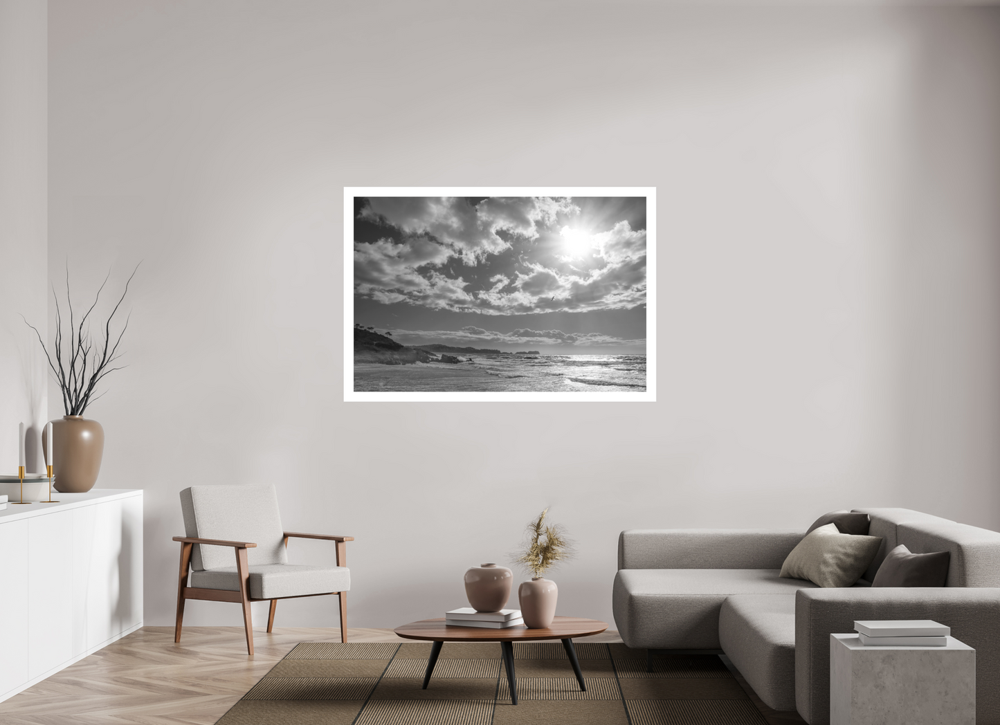 150 x 100 cm, 1. Ilford SW-Abzug hinter Acrylglas mit Weißrand Storm Coast 2 (s/w)
