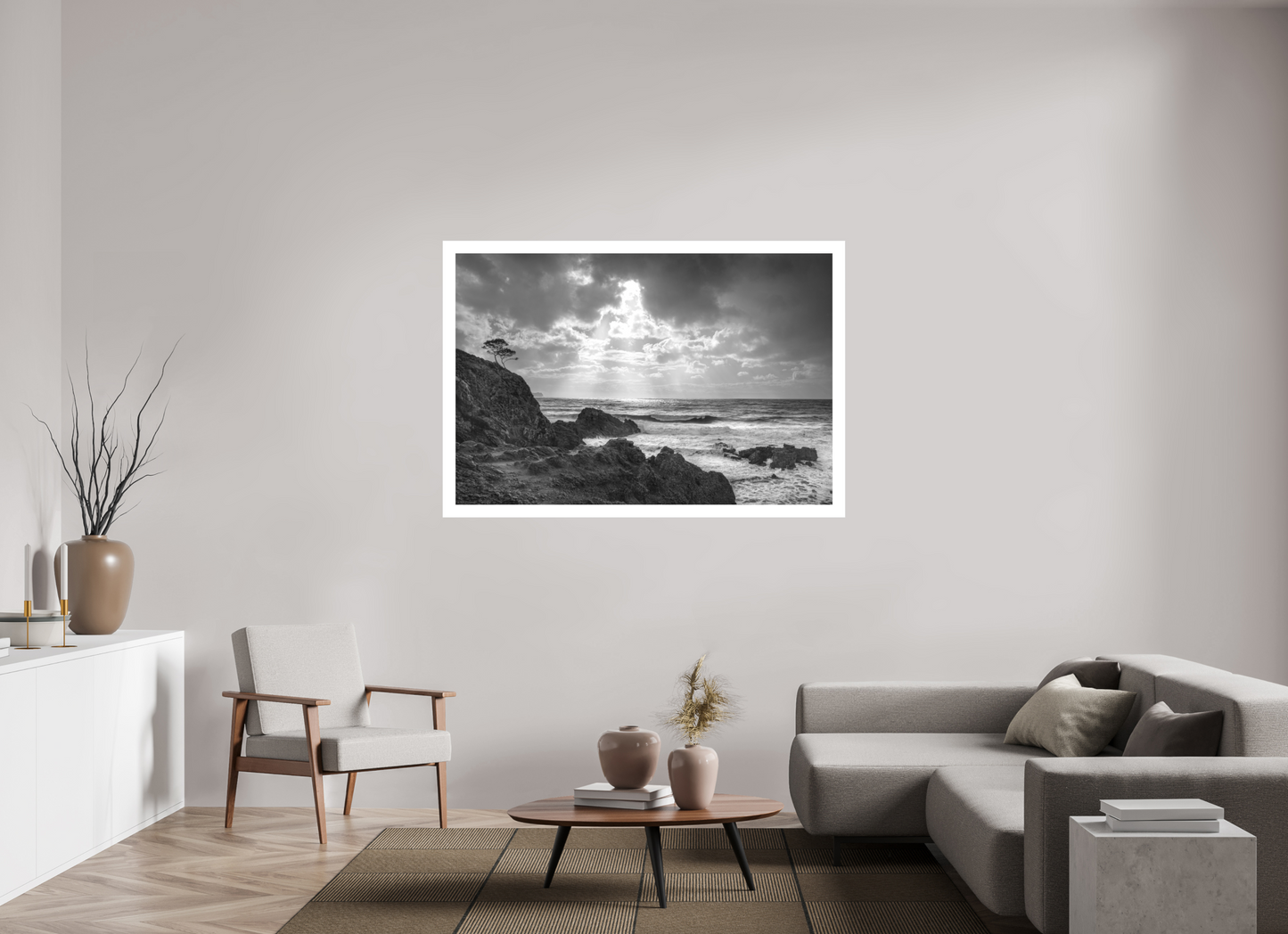 150 x 100 cm, 1. Ilford SW-Abzug hinter Acrylglas mit Weißrand Storm Coast 1 (s/w)