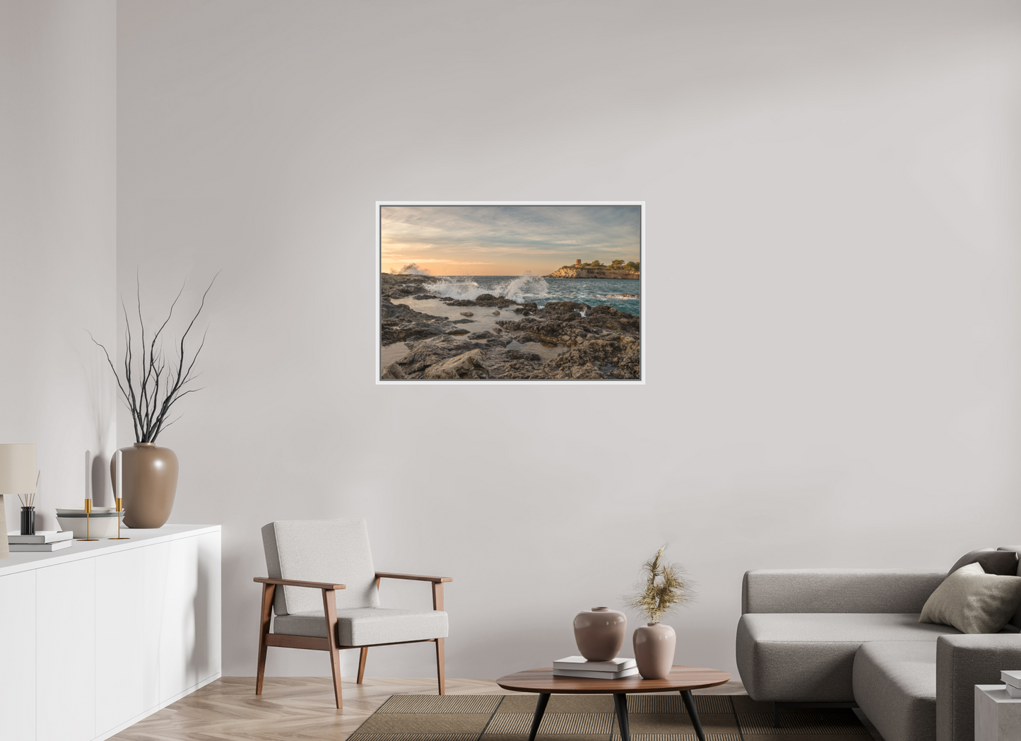 105 x 70 cm, Foto im Schattenfugen-Rahmen Stormy South Coast 2 (Mallorca)
